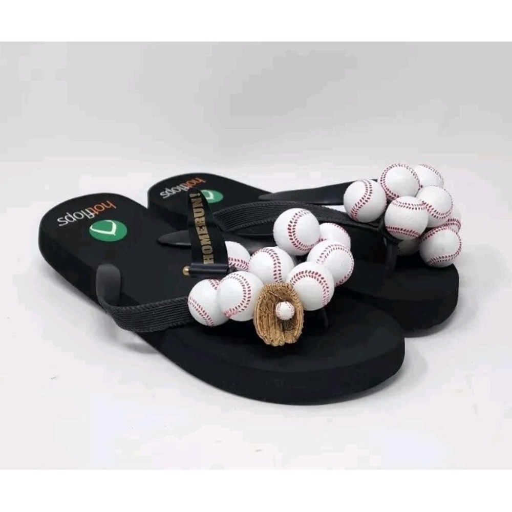 HotFlops Black Baseball Flip Flops Women's Size 10/11 Novelty 3D Summer